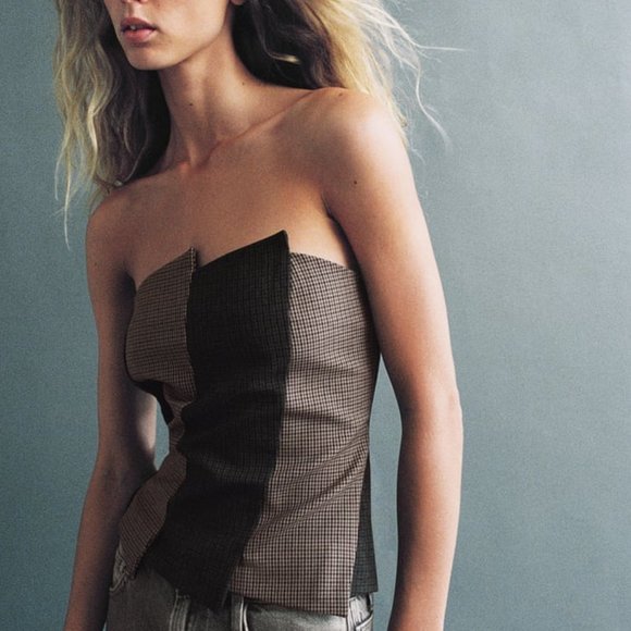 NWT STRAPLESS PLAID TOP - Picture 1 of 8